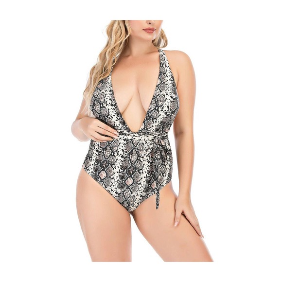 Leopard Print Sexy Plus Size Strappy All-In-One Bikini Swimsuit - Picture 2 of 8